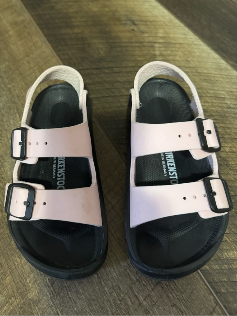 Birkenstock Kids Two-Strap Sandals in Pale Pink and Black